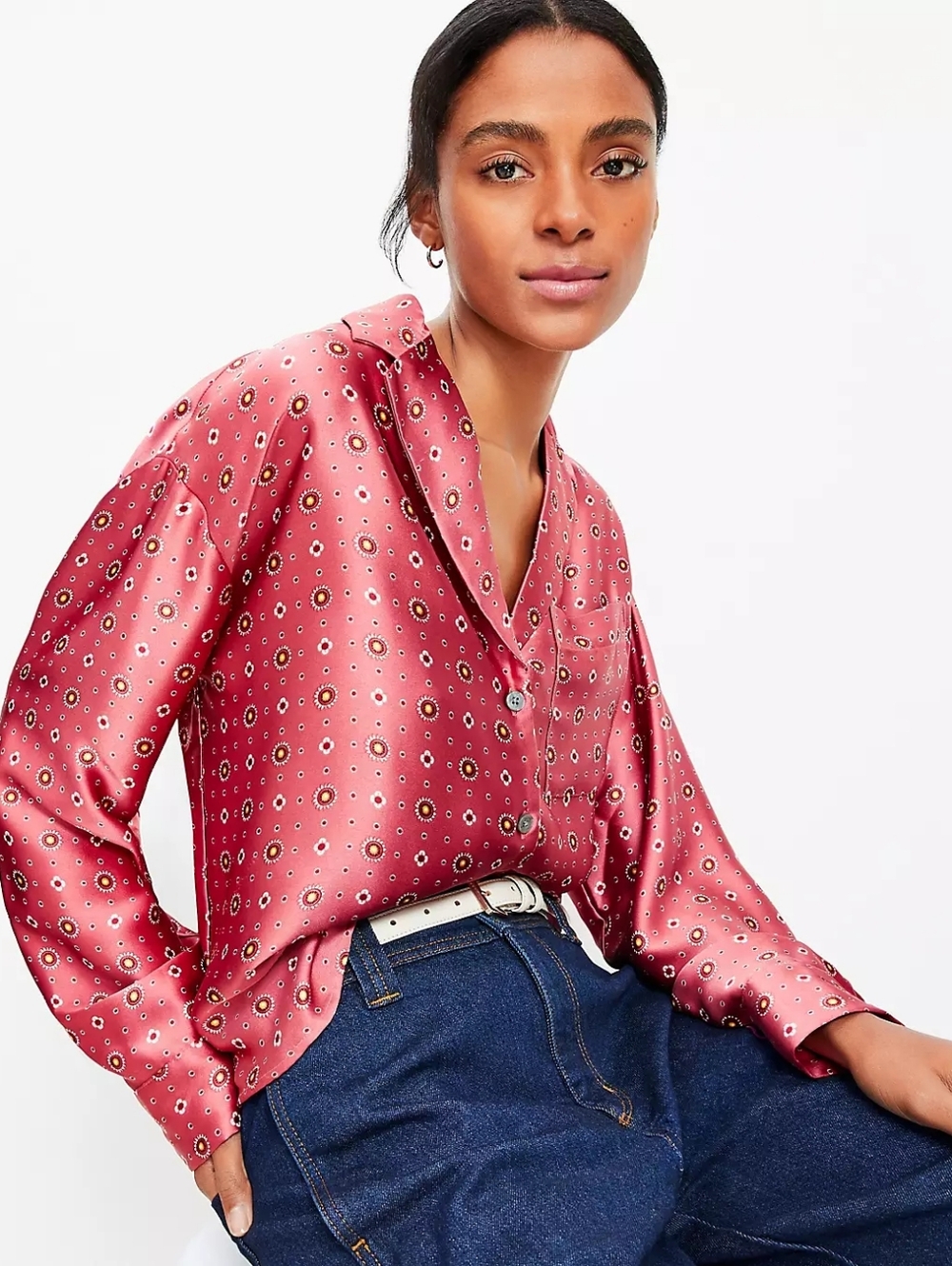 Loft Satin Floral-Print Blouse in Rose Pink